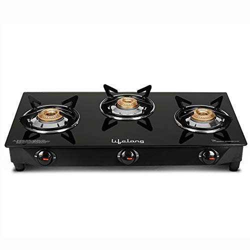 Image of Lifelong LLGS18 Glass Top 3 Burner Gas Stove, Manual Ignition, LPG Compatible, Black (ISI Certified, Door Step Service, 1 Year Warranty) (Pack of 2)