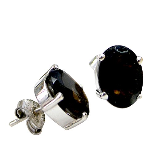 Pendientes de cuarzo ahumado natural y plata para mujer de diseño ovalado 2