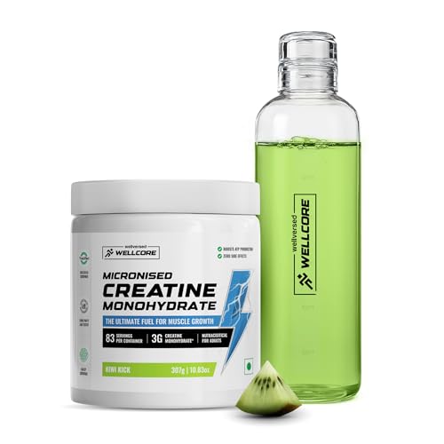 Image of Wellcore Pure Micronised Creatine Powder With Glass Bottle (83 Servings, Kiwi Kick) For Enhanced Muscle Strength With Rapid Absorption | Creatine Monohydrate | Wellcore Creatine Flavoured - 307g