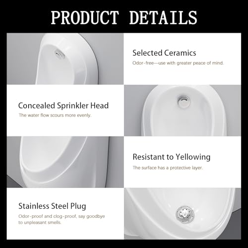 Urinal de pared para hombres con sensor inteligente y diseño ahorrador de agua, urinal de cerámica con descarga oculta, para baños, hoteles y baños públicos (presión manual, 68 cm / 26,8 pulgadas) miniatura 6