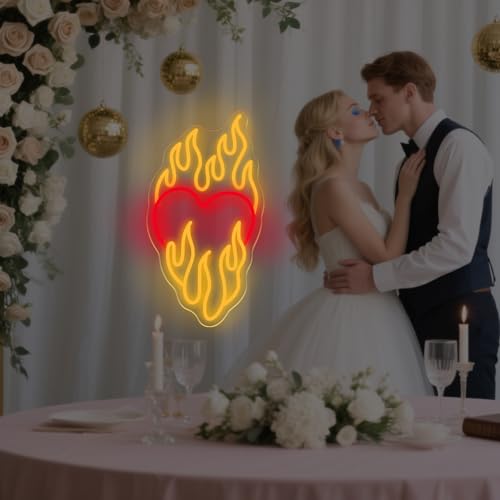Image of Heart With Fire Neon Sign, Love Neon Light, Party Sign, Burning Heart Neon, Valentines Day Gift Home Wall Decor Room Decoration, 16.1 inchx8.6 inch