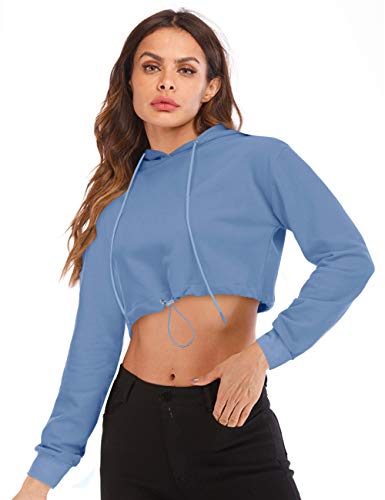 Hioinieiy Women s Fashion Long Sleeve Pullover Hoodies Crop Tops Sweatshirt Crop Blue S