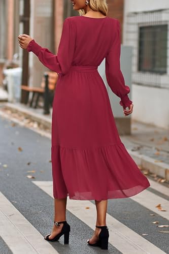 Image of PRETTYGARDEN Women's Floral Boho Dress Fall Long Sleeve Wrap V Neck Ruffle Flowy Maxi Spring Wedding Guest Vacation Dresses