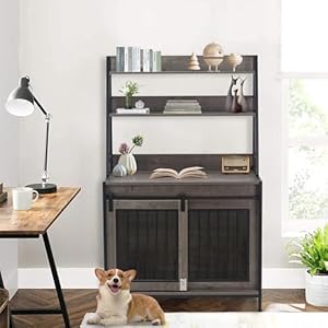 Dog Crate Indoor Furniture with Storage Shelves, 37 inch Wooden Dog Kennel with Double Sliding Doors, Heavy Duty Dog Cage for Large Medium Small Dogs, Grey