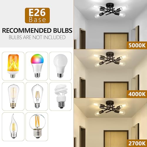 Licperron Vintage Semi Flush Mount 4 Light Ceiling Light with E27 Base Modern Black Chandelier for Farmhouse Kitchen Bedroom - Image 4