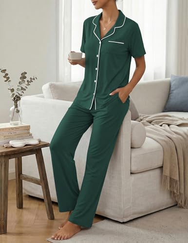 Image of ZMJ Womens Pajamas Sets 2 Piece Button Up Pj Sets Short Sleeve with Long Pant
