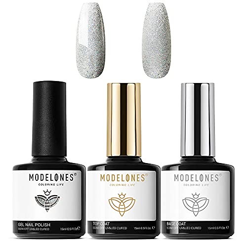 modelones 3Pcs Gel Base and Top Coat with Glitter Silver Gel Nail...