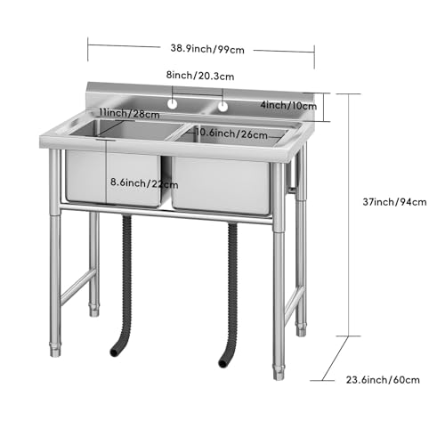 Image of Garvee Stainless Steel Utility 2 Sink with Backsplash, Free Standing Commercial Sink for Outdoor Kitchen, Laundry Room, Garage, Restaurant & Workshop, Easy to Clean, Anti-Splash & Rust Resistant