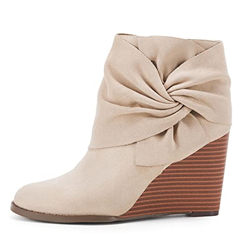 Fashare Womens Wedge Booties Ankle Heels Boots Bow Knot Stacked Heeled Winter Dress Shoes Beige #TOP3