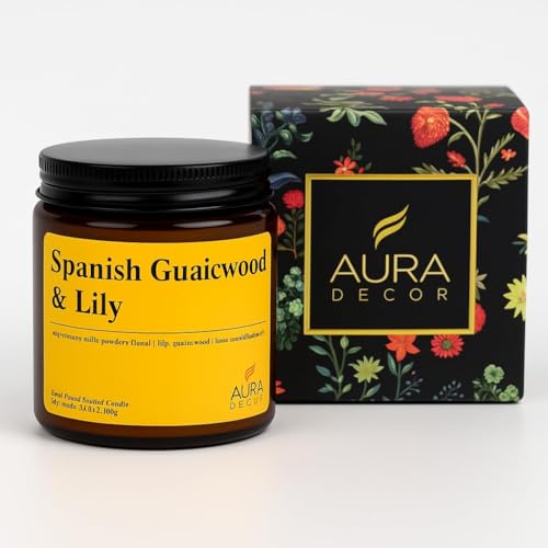 Image of AuraDecor Scented Jar Candle | Handpoured Soy Wax Candle with Long Lasting Burn Time | Premium Amber Jar Aromatherapy Candle | Ideal Gift for Home & Decor (Large, Spanish Guwaicwood & Lily)