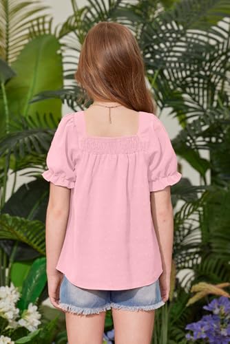 Image of BesserBay Girls Summer Puff Short Sleeve Square Neck Tee Shirts Ruffle Smocked Blouses Cute Swiss Dot Tops 5-14 Years