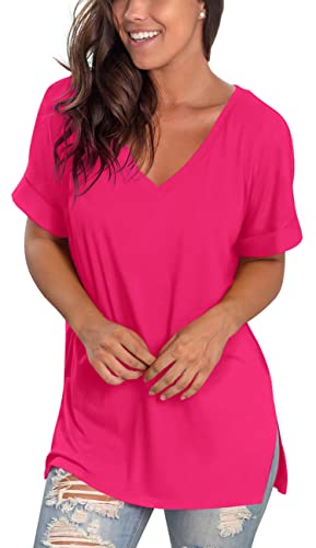 Image of Sampeel Women's V Neck T Shirts Casual Rolled Short Sleeve Side Split Summer Tops Loose Fit