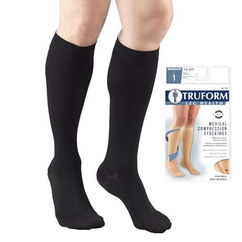 Truform 15-20 mmHg Compression Stockings for Men and Women, Knee High Length, Closed Toe, Black, Large