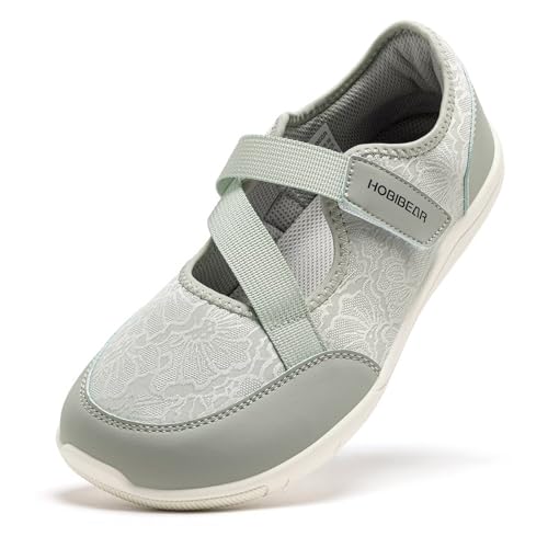 HOBIBEAR Zapatos Mary Jane Barefoot para Mujer Puntera Ancha Suela Zero Drop Diseño Minimalista Cierre de Velcro Ajustable Zapatos para Caminar(Verde,EU 38)
