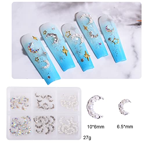 Weilusi Silver Moon Nail Art Charms Kit 3D Alloy Nail Art Decoration -Mixed Ab Crystal Rhinestones Pearl Nail Charm Jewelry Metal Moon Studs Manicure Accessories For Women Nails Design Diy Craft #TOP1