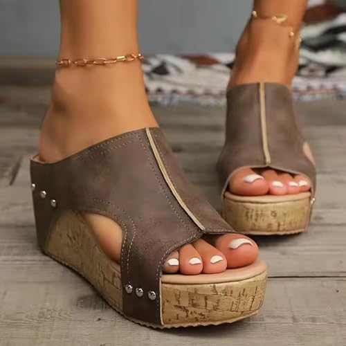Cork Wedges & Platform Slides, Women's Thick Sole Comfy Leather Wedge Non-slip Summer Lightweight Sandals4