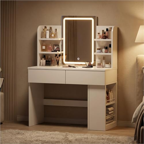 Mesa de maquillaje con espejo LED JUMMICO para organizar cosméticos en el dormitorio blanco 7