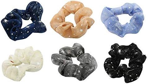 6 Pack Chiffon Stars Floral Hair Scrunchies Print Slap Bracelet Ponytail Holder Elastic Hair Bands Wrist Fabric Scrunchy Hair Ties for Show/Sleepover Party Girls