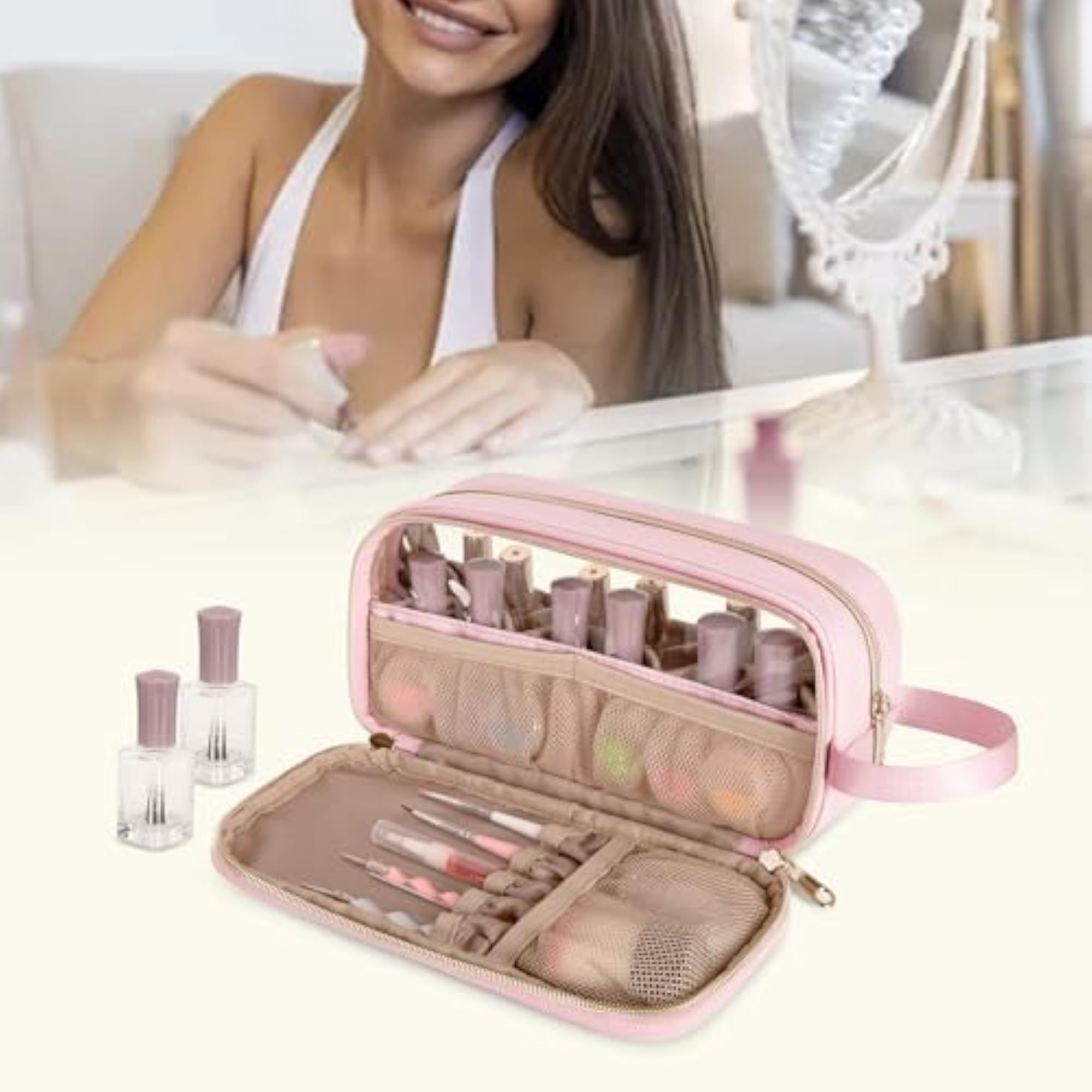 Nail Polish Organizer Case for 12 Bottles, Pink Storage Bag