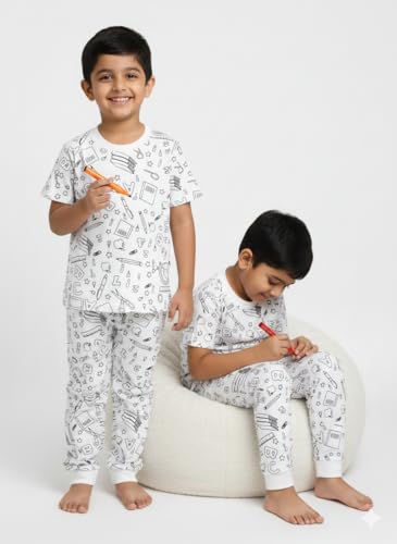 Image of Soft Lycra Reusable Kids T-Shirt & Pant Set with 10 Washable Marker Pens | DIY Coloring Clothes for Boys & Girls | Reusable Creative Pajama Gift Set(4-5 Year)
