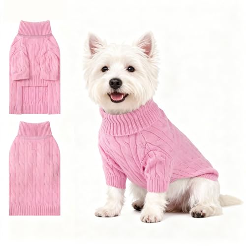 Image of Small Dog Thermal Pullover Sweater, Classic Turtleneck Cable Knitwear Dog Clothes for Cold Weather Warm Pet Clothes for Chihuahua, Bulldog, Dachshund, Pug Pink Medium