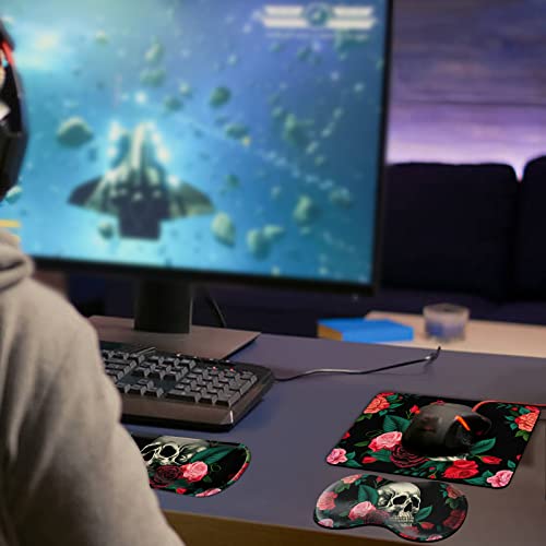 Keyboard Wrist Rest + Mouse Pad + Mouse Wrist Rest Support Set + Coaster, Ergonomic Memory Foam Mouse and Keyboard Pad Set for Laptop Computer Office Home Working Gaming, Rose Flower Skull