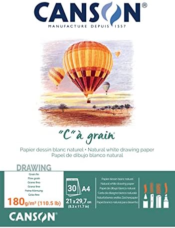 Canson "C à Grain A4 224g White Drawing & Sketching Paper Pad, 30 Sheets, Fine Grain Texture, Glued on Short Side, Ideal for Professional Artists