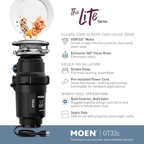 Image of Moen GT33C Lite Series 1 /3 Horsepower Continous Feed Garbage Disposal featuring Fast Track Technology, Power Cord Included