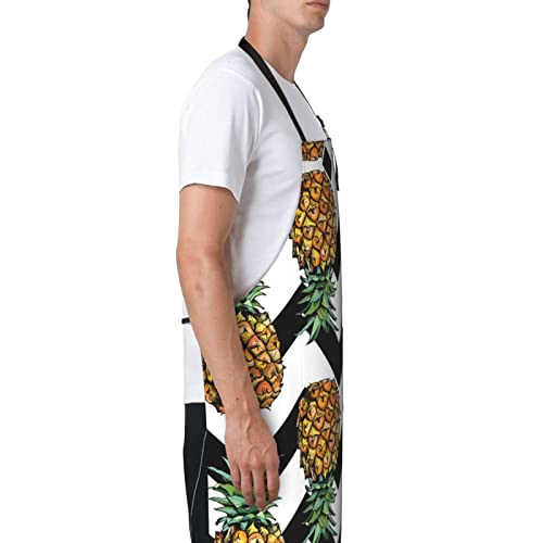 Lynsay Pineapple With Black And White Striped Printed Waterproof Apron, Men's And Women's Kitchen Cooking With Pockets Adjustable Soft Apron #TOP2