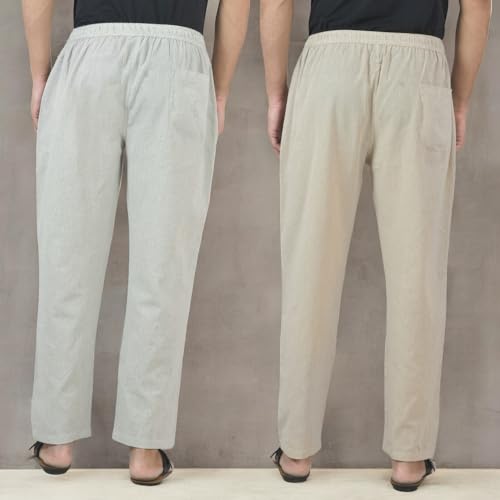 Image of Qashida Men's Cotton Handloom Pants - Combo of 2 - Comfortable Everyday Bottom Wear, White and Beige