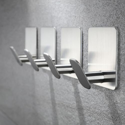 YIGII Adhesive Towel Hooks, 4 Pack Coat Hooks Stainless Steel Stick on Wall Hook for Bathroom/Kitchen, Waterproof Towel Hanger for Robe, Hats