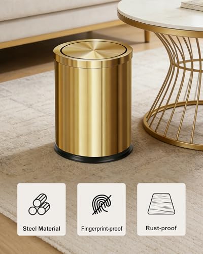 Image of 2.6Gallon Brushed Gold Bathroom Trash Can with Wall Mounted Toilet Brush Set /Stainless Steel Gold Garbage can with Swing lid Trash bin Wastebasket for Bedroom,Office,Kitchen,Powder Room