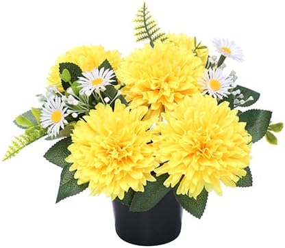 NEW IMPROVED DESIGN WITH FOAM INSERT | 25cm Grave Flower Pots | Artificial Flowers For Graves | Cemetery & Floral Decorations | Grave Flowers Cemetery Flowers | YELLOW / ORANGE CHRYSANTHEMUM