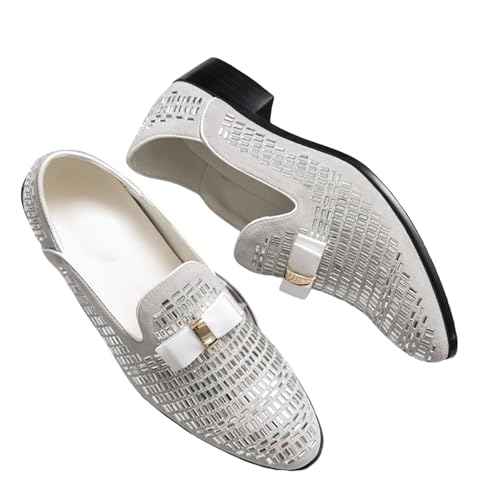 Men's Leather Loafers with Rhinestones & Bowtie - Formal Dress Shoes for Banquet, Prom, Wedding, Tuxedo Occasions, Slip - On