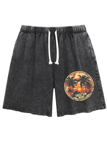 Shin Fashion Mens Washed Casual Shorts Drawstring Elastic Waist Lightweight Beach Horizon Stamp Summer Graphic Shorts X-Large