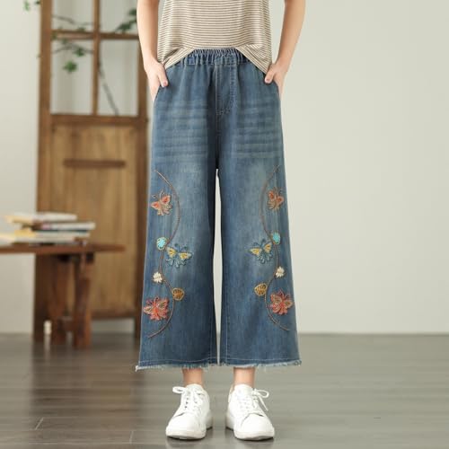 Women Embroidered High Waist Jeans Women Casual Ripped Cropped Pants2