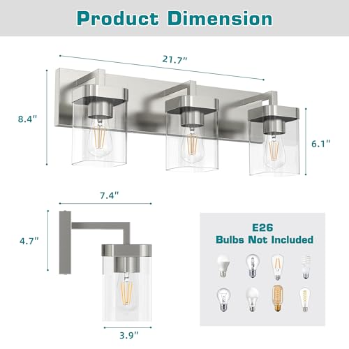 Image of 3-Light Bathroom Light Fixtures, Brushed Nickel Vanity Lights for Bathroom, Kitchen, Living Room, Modern Bathroom Vanity Lights with Clear Glass Shades