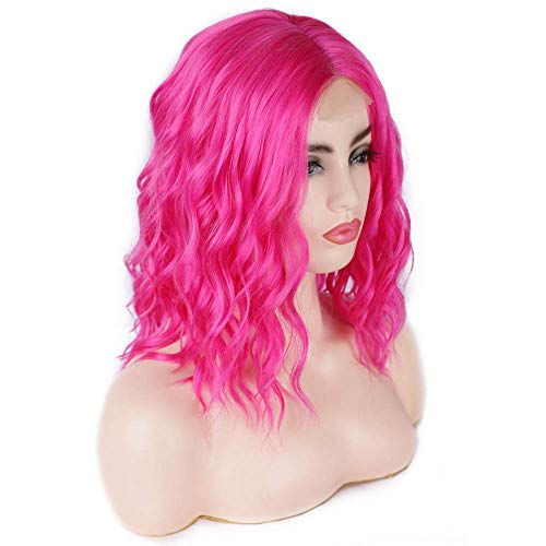 AISI BEAUTY Hot Pink Wig Short Wavy Bob Wigs for Women Middle Part Synthetic Shoulder Length Wig Hair for Daily Party Use 14 Inches