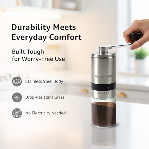 Image of Amazon Basics Manual Coffee Grinder with Ceramic Burr & 6 Adjustable Grind Settings, Glass Jar & Stainless Steel Body, Portable & Lightweight, Ideal for Espresso, French Press, Cold Brew, Silver