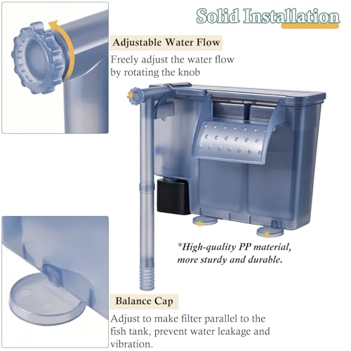 Image of 5W Hang-on Aquarium Filter, 124GPH Quiet Fish Tank Filter with Filter Sponge and Activated Carbon, Adjustable Waterfall Filter for 10-25 Gallon Fish Tank