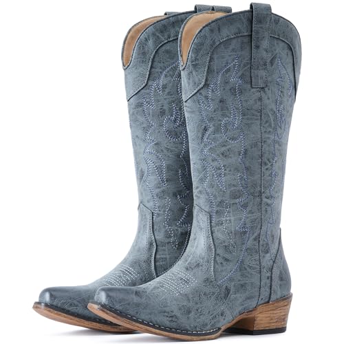 Image of IUV Cowboy Boots for Women Mid Calf Fashion Cowgirl Boots with Embroidery Western Snip Toe