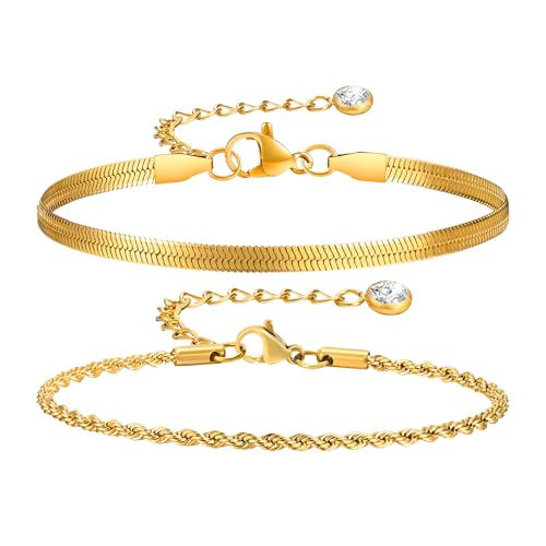 18K Gold Bracelets for Women Waterproof, 18K Real Gold Plated Multi-Link Stackable Bracelets set, Stainless Steel Layered Bracelets Pack Trendy Jewelry Gifts for Women