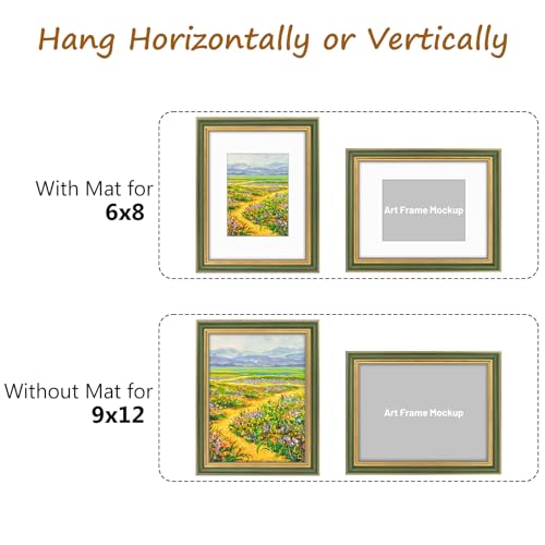 Image of Golden State Art,9x12 Ornate Picture Frame Holds 6x8 Photo,Green Gold | Includes real glass front,white mat,build-in hangers and buttons.Displays 6x8 photo on wall