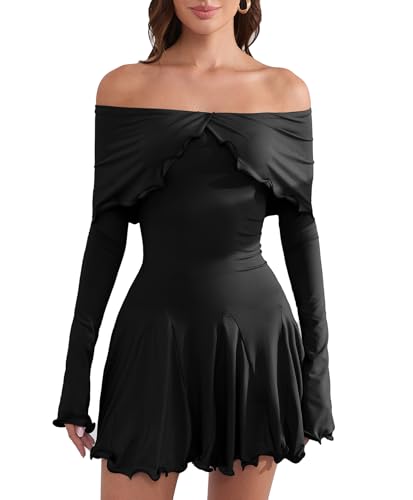 Image of Off The Shoulder Dresses for Women Long Slv Ruffle Bodycon Graduation Dress