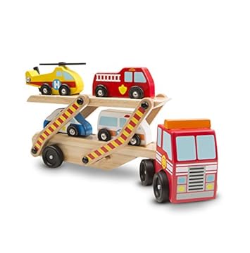 Melissa & Doug Carro Attrezzi in Legno - 5 Veicoli In Legno, Elicottero, Ambulanza, Camion Pompieri, Auto Polizia, Giochi Educativi, Gioco Montessori, Regalo per Bambini e Bambine, 3+ Anni