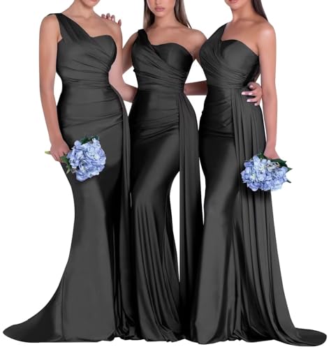 Image of One Shoulder Bridesmaid Dresses for Wedding Long Satin Bodycon Prom Dress Mermaid Formal Evening Gowns