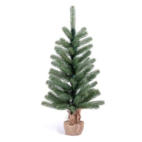 Künstlicher Tannenbaum in Nordmanntannen-Optik mit naturgetreuen PE-Nadeln, mit oder ohne Lichterkette, mit Jute Sack um den Topf, ideal als Tisch-Weihnachtsbaum