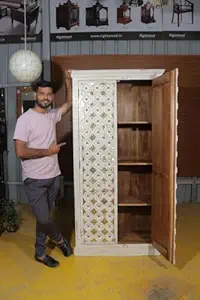 Nazar Art & Craft Mango Wood handcarving wadrobe | Almirah with Shelf Storage | Antique Design Multipurpose wadrobe for Bedroom, Hotel | White & Gold Finish