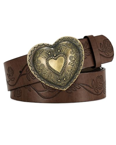 Image of SANSTHS Western Belt For Women, Womens Cowboy Belt For Pants Jeans With Vintage Floral Carved Design