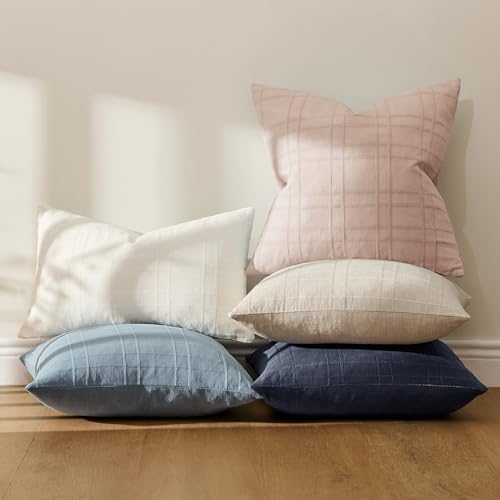 Image of MIULEE Decorative Linen Check Throw Pillow Covers Neutral Farmhouse Vintage Spring Valentine Spring Pillow Covers 18x18 Set of 2 Boho Modern Home Decor for Sofa Couch Bedroom Cushion Light Pink